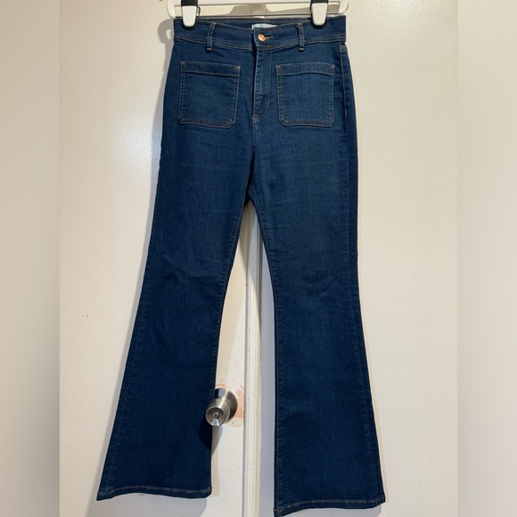 LOFT Blue Wide Leg Jeans Patch Pocket Slim Flare Dark Wash Retro - Picture 4 of 12